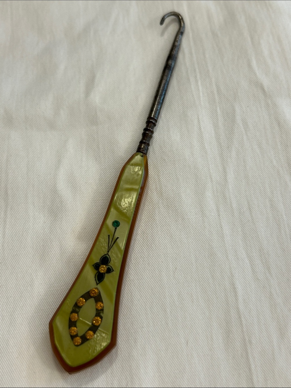 Vintage Button Shoe Hook with Olive Green Handle